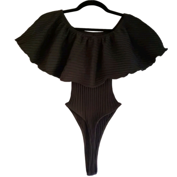 Show Me Your Mumu Lou Bodysuit Womens XSmall Strapless Ruffle Black‎ Ribbed XS - Picture 2 of 16
